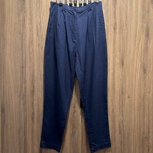 Vintage Savannah Navy Blue Pleated Linen Cotton Blend Tapered Leg Trousers